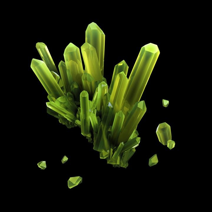 3d render, yellow green crystal, precious gem, rough faceted nugget, abstract digital illustration, isolated on black