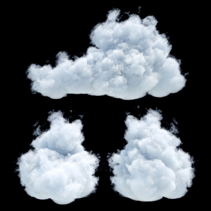 3d render, digital illustration, realistic clouds isolated on black background
