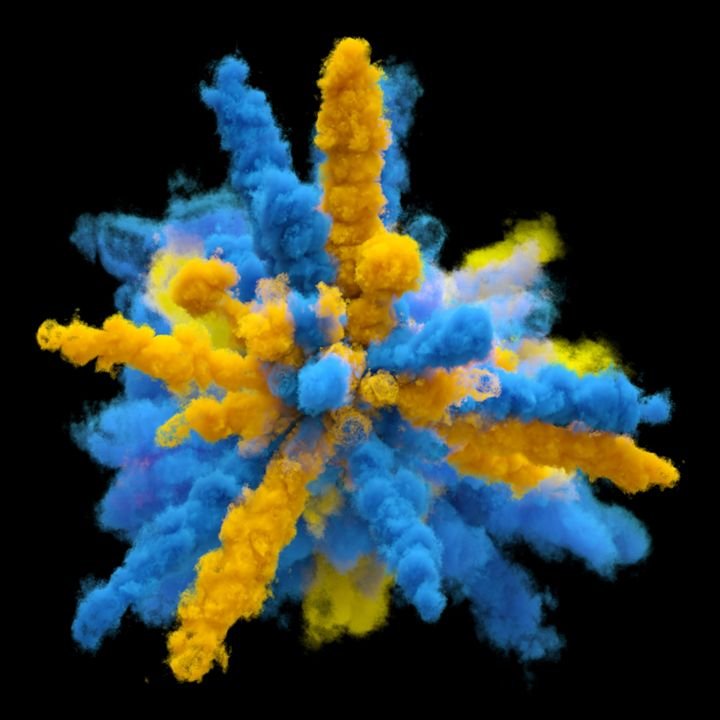 explosion of colored powder, colorant, clouds of colorful dust, isolated on black background