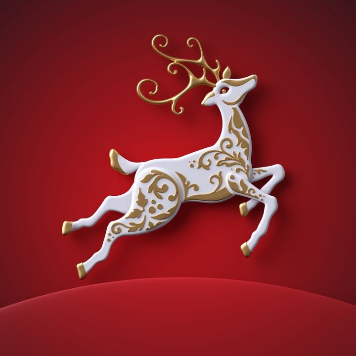 3d render, digital illustration, jumping reindeer, dynamic stag, Christmas greeting card, white deer jumping, gold ornament, isolated on red background