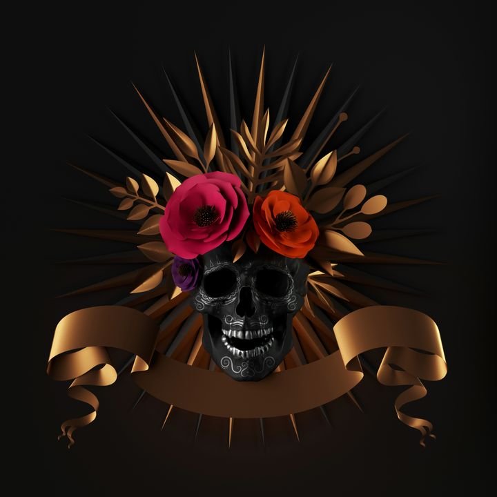 3d render, floral skull, red paper flowers, gold leaves, ribbon tag, Halloween decor, isolated on black background