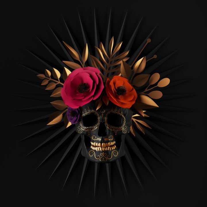 3d render, floral skull, red paper flowers, gold leaves, ribbon tag, Halloween decor, isolated on black background