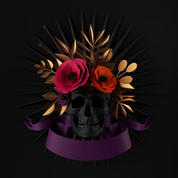 3d render, black gothic floral skull, Halloween background, red paper flowers, purple ribbon