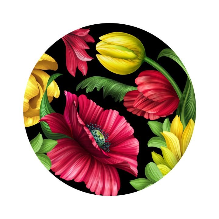 botanical floral illustration, folk ornament, wild meadow flowers, isolated on black background, red poppy, yellow tulip, green leaves, round plate design