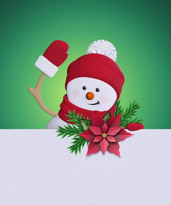 3d render, cartoon snowman waving hand, Christmas poinsettia flower, greeting card template, blank banner, copy space, green background