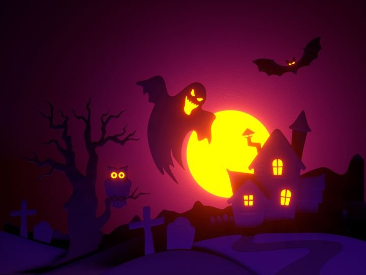 3d render, paper cut Halloween night scene, old house, tree, ghost, bat, full moon, cemetery, holiday background