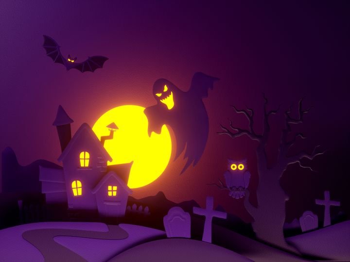 3d render, paper cut Halloween night scene, old house, tree, ghost, bat, full moon, cemetery, holiday background