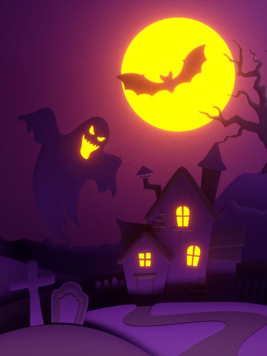3d render, paper cut Halloween night scene, old house, tree, ghost, bat, full moon, cemetery, holiday background