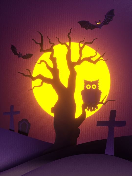 3d render, paper cut Halloween night scene, old tree, owl, bat, full moon, cemetery, holiday background
