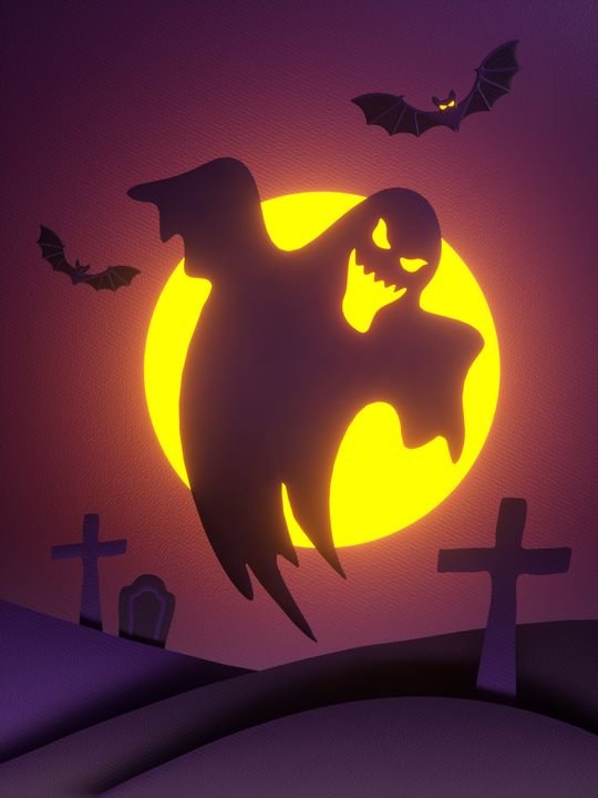 3d render, paper cut Halloween night scene, ghost, bat, full moon, cemetery, holiday background