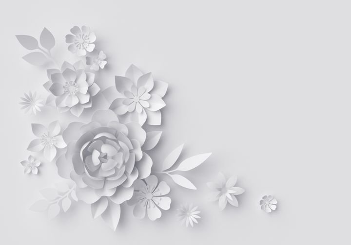 3d render, digital illustration, white paper flowers background, wedding decoration, bridal lace, greeting card template, blank floral wall decor