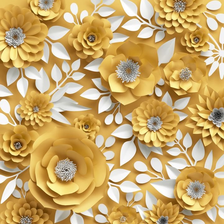 3d illustration, decorative white yellow paper flowers background, festive floral arrangement, digital botanical illustration.