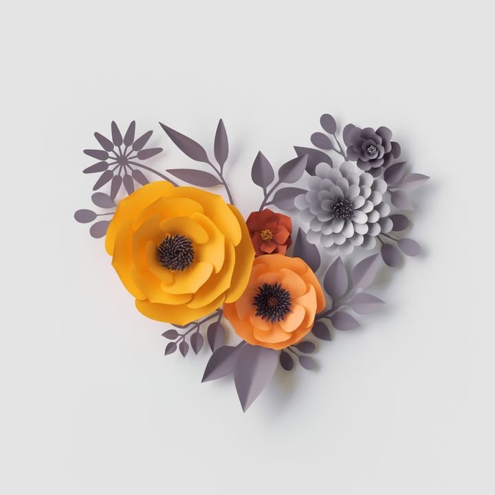 3d illustration, red pink paper flowers, floral background, Valentine's day heart
