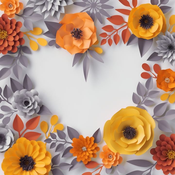3d render, digital illustration, red pink orange paper flowers, floral background, bridal bouquet, wedding card, quilling, Valentine's day greeting card template, blank banner, heart shape, cover page template