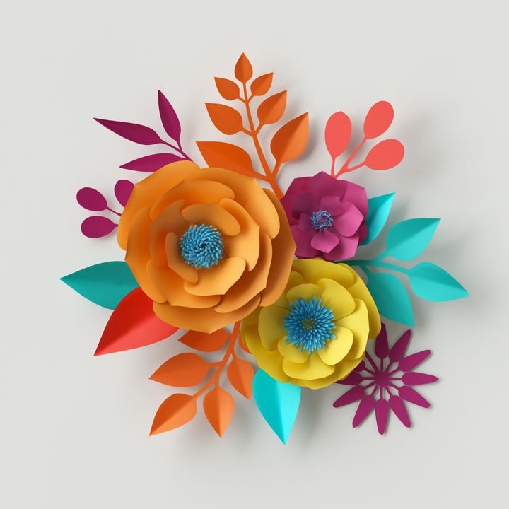 3d render, digital illustration, colorful paper flowers wallpaper, spring summer background, floral bouquet isolated on white, vibrant colors, mint pink orange yellow