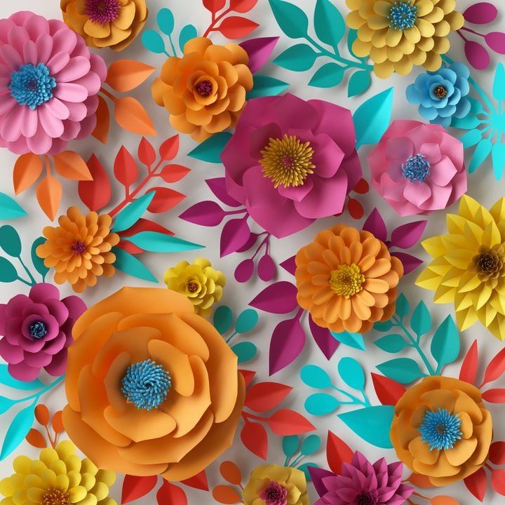 3d render, digital illustration, colorful paper flowers wallpaper, spring summer background, floral bouquet isolated on white, vibrant colors, mint pink orange yellow