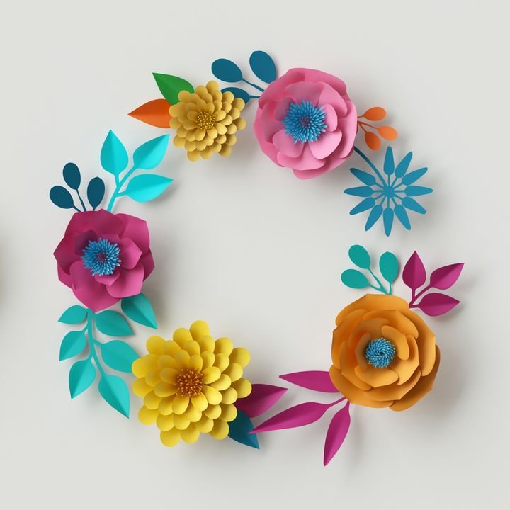 3d render, digital illustration, abstract frame, colorful paper flowers, round wreath, quilling craft, handmade festive decoration, vivid floral background, mint pink yellow, Boho card template