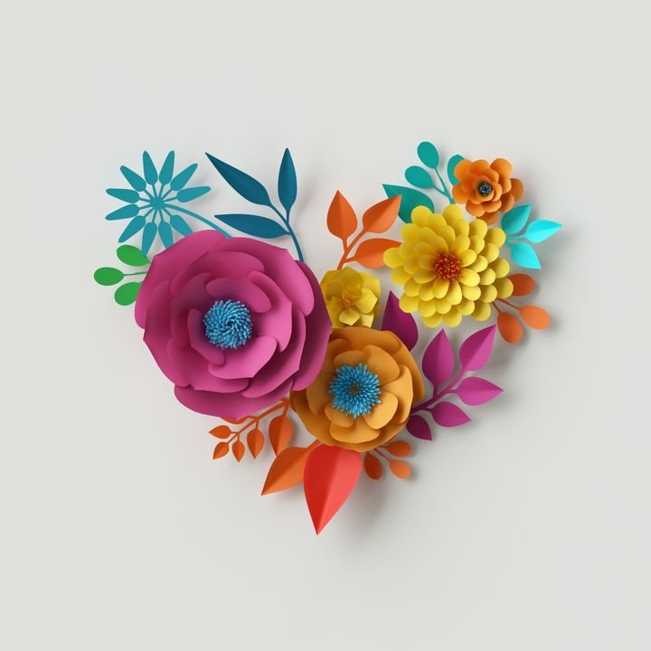 3d render, digital illustration, abstract colorful paper flowers, quilling craft, handmade festive decoration, vivid floral heart, vibrant background, mint pink yellow