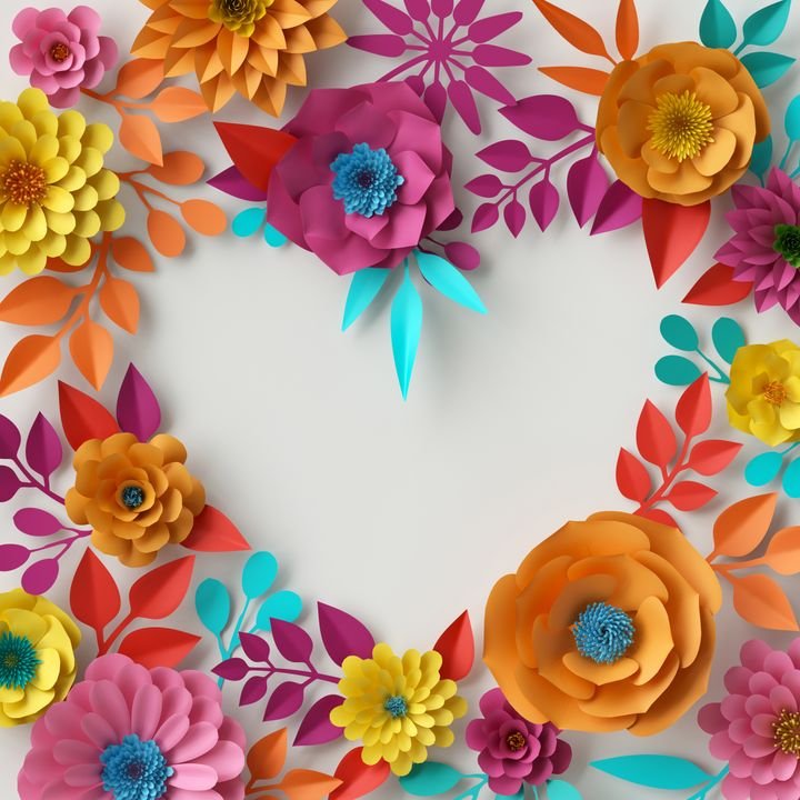 3d render, digital illustration, abstract colorful paper flowers wallpaper, spring summer background, heart shape, cut elements, handmade, craft, vibrant colors