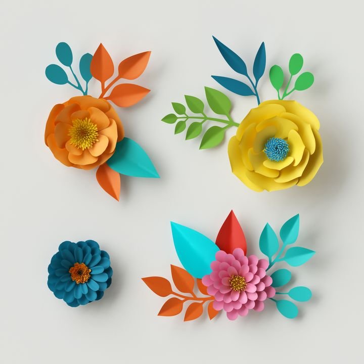 3d render, digital illustration, vivid paper flowers, decorative floral design elements, clip art set, festive decor, isolated on white background