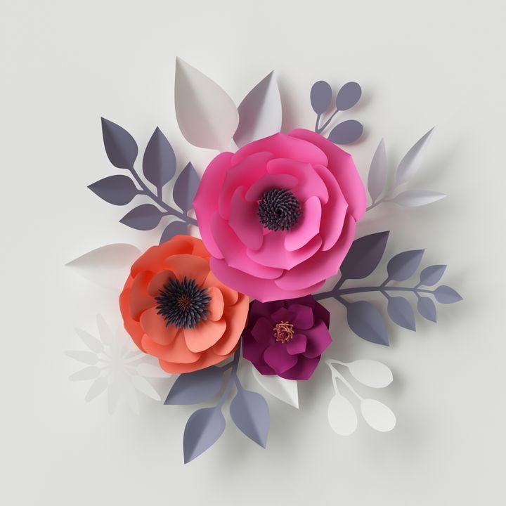 3d illustration, pink paper flowers, floral background, Valentine's day wall decor