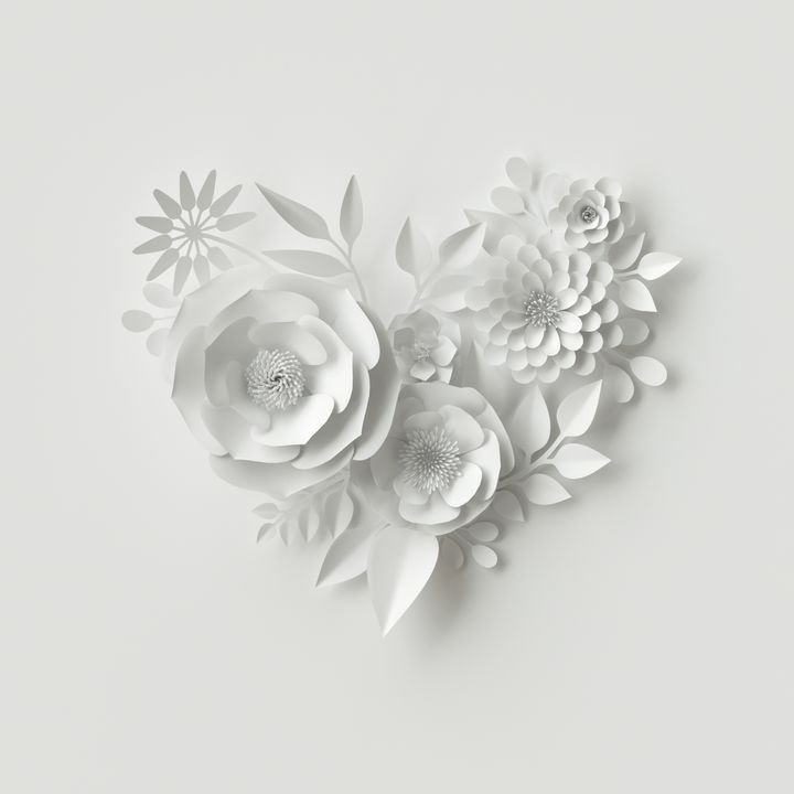 3d render, digital illustration, white paper flowers, floral background, bridal bouquet, wedding card, quilling, Valentine's day greeting card, heart shape