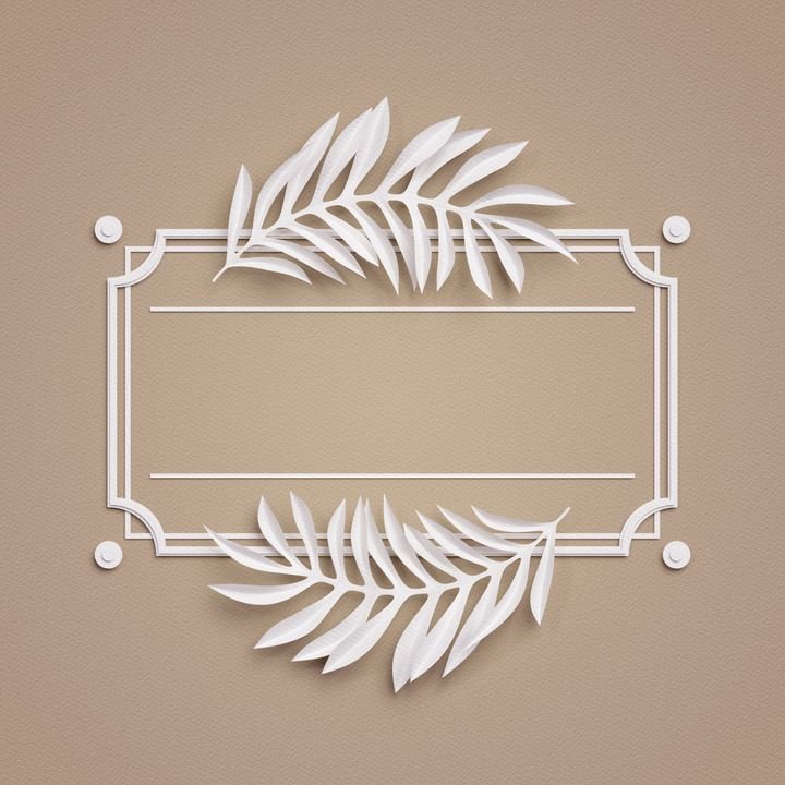 3d render, beige paper craft background, palm leaves, poster frame, cover, banner, label