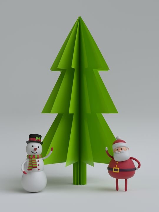 3d render, snowman and Santa Claus, toys, green paper fir tree, Happy New Year, greeting card, Christmas background