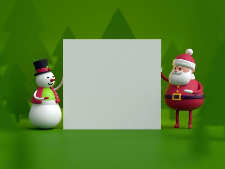 3d render, snowman and Santa Claus, toys holding blank card, Happy New Year, greeting text, snowy forest, Christmas green background