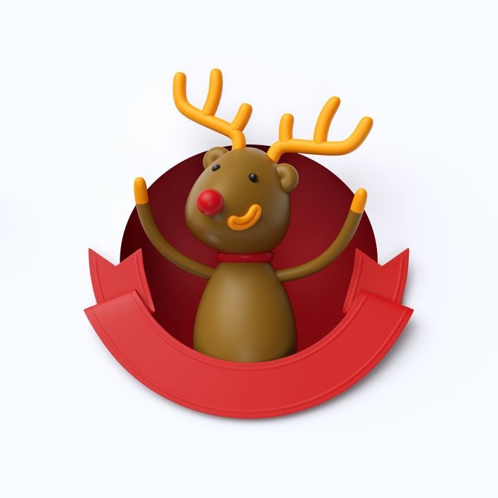 3d render, cute Christmas character, cartoon Reindeer inside round hole, red ribbon, greeting card template, copy space, blank banner