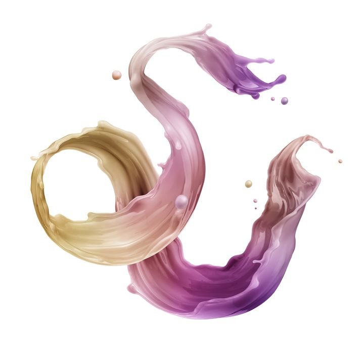 3d render, digital illustration, abstract dynamic liquid splash, paint splashing, abstract colorful wave, fashion background, purple yellow, artistic clip art element isolated on white