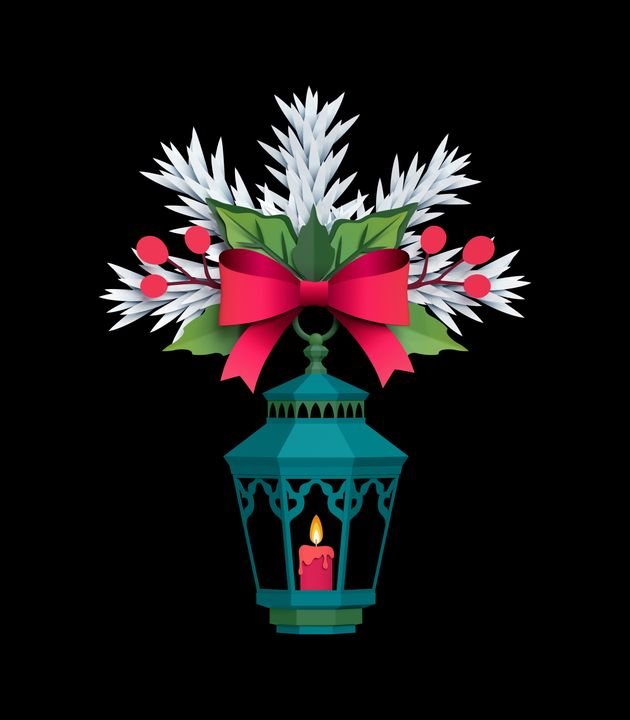 3d render, Christmas lantern, fir tree, bow, paper cut decoration, embellishment, holiday clip art isolated on black background