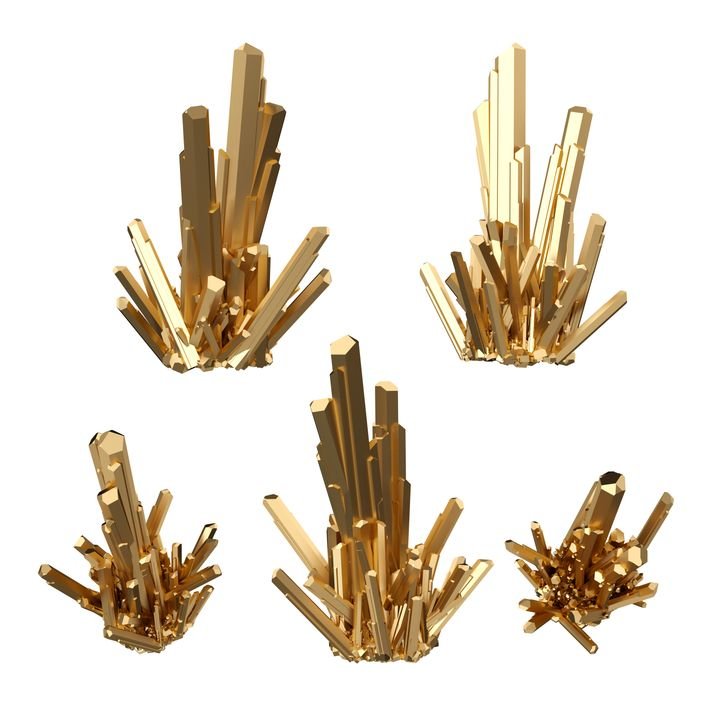 3d render, digital illustration, abstract gold crystals, perspective view, golden nugget, esoteric design element, isolated on white background