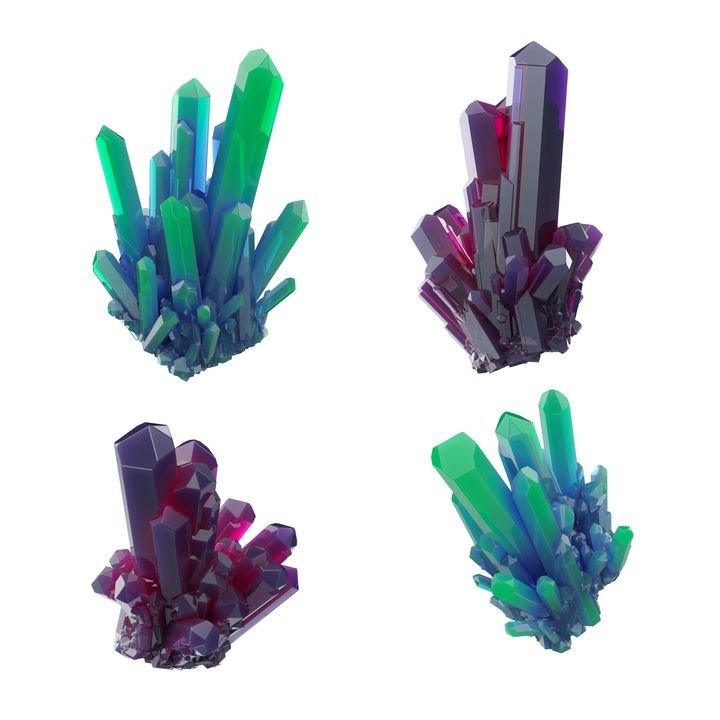 3d render, digital illustration, abstract crystals, perspective view, ruby and green nugget, esoteric design element, isolated on white background