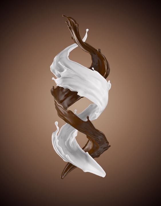 3d rendering, milk and chocolate splash, twisted liquid jets, splashing clip art, isolated design elements, double spiral wave, cooking ingredients