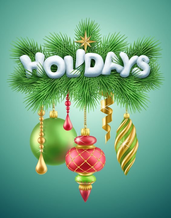 3d render, christmas holidays text, snow letters, green fir tree branch, hanging vintage ornaments, glass balls, festive decor, poster, illustration, isolated clip art