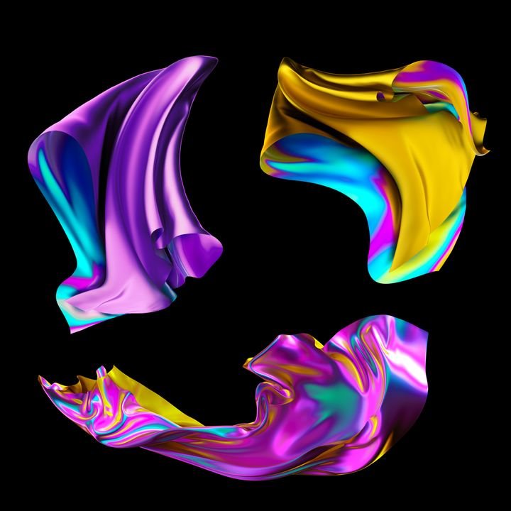3d render, iridescent holographic foil, metallic cloth, fashion folded textile, colorful fabric, design elements set, isolated on black background,