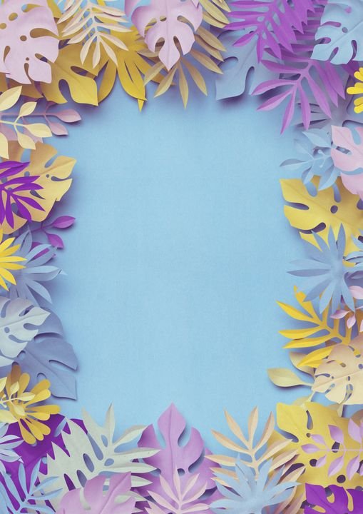 3d rendering, tropical paper leaves, decorative vertical frame, pastel botanical background, blank space, jungle nature, bright candy colors