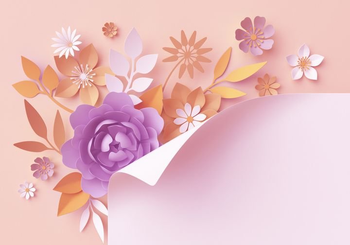 3d render, pastel paper flowers, botanical yellow background, page corner curl, fashion, beautiful bouquet, floral arrangement, baby shower invitation, violet, purple, rose, peony, daisy, leaves