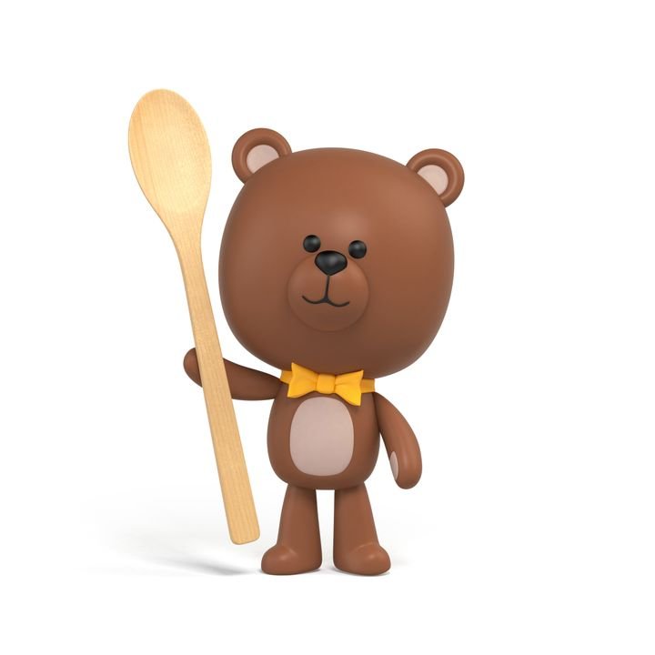 3d render, cute little chocolate teddy bear, cartoon character design, holding spoon, toy clip art isolated on white background, digital illustration