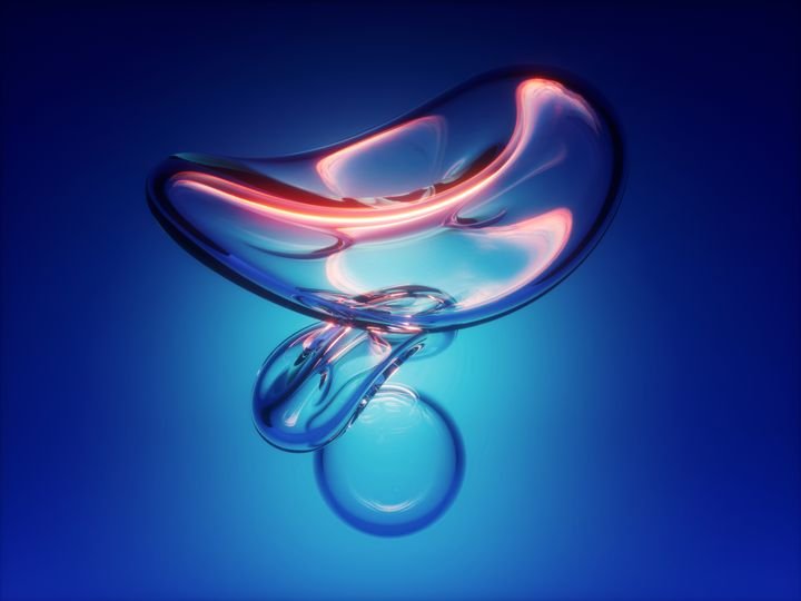 3d render, abstract blue background, water drop, air bubble, twisted glass shape, microbiology, cell, loop, highlight reflection, isolated design element