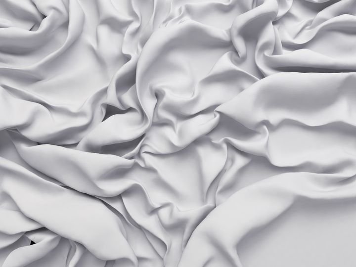 3d render, white crumpled fabric background, folded textile texture, chaotic folds, fashion drapery wallpaper