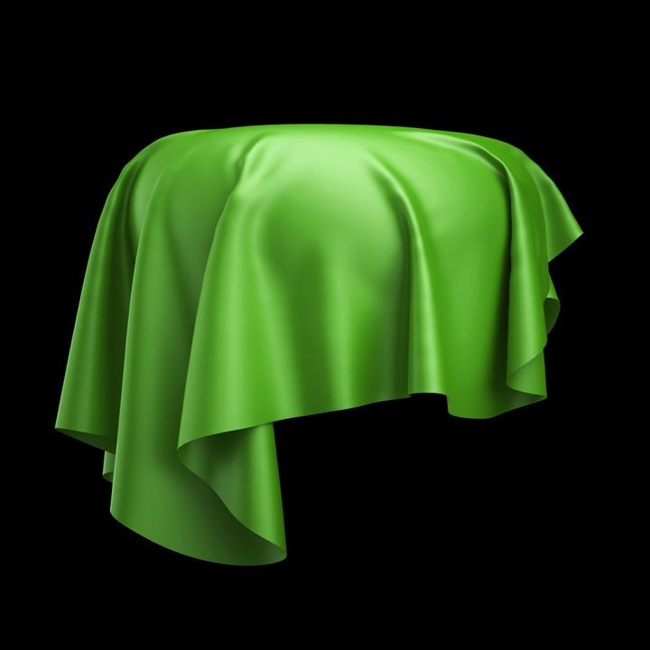 3d render, digital illustration, abstract cloth, flying, falling, soaring fabric, unveil drapery, green silky curtain, corner, textile cover, isolated on black background