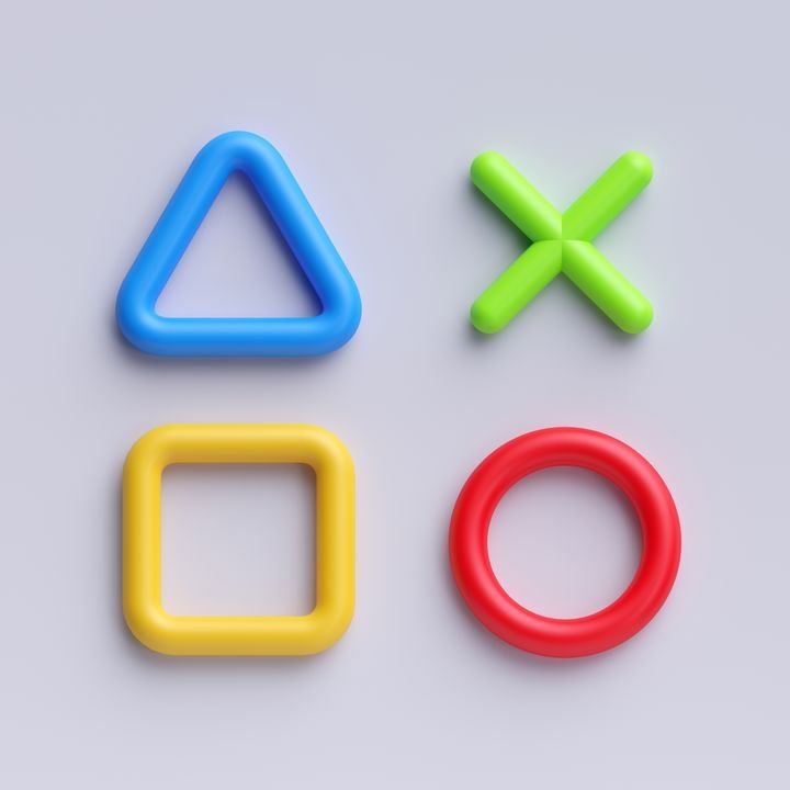 3d render, primitive geometrical shapes, game signs, cartoon, minimal background, red blue yellow green puzzle, abstract background