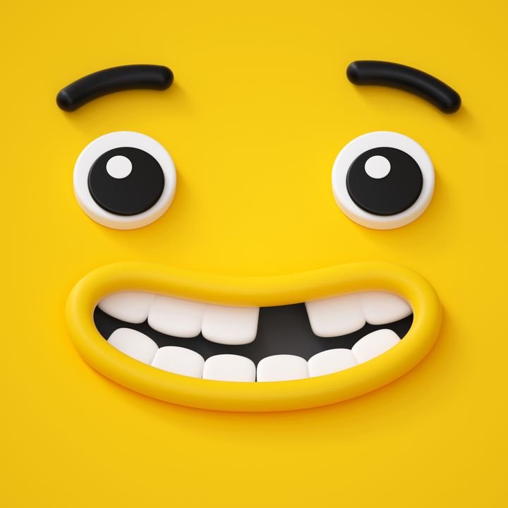 3d render, cute childish face, toothless smile, amazed emotion, emoji, emoticon, funny monster
