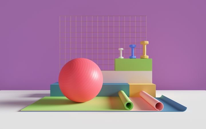 3d render, abstract sport, fitness equipment, active lifestyle, weight loss, objects, gym, pastel colors mockup