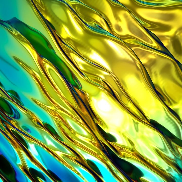 3d render, abstract background, iridescent holographic foil, gold wavy wallpaper, fluid ripples, liquid metal surface, esoteric aura, bright hue colors. For creative projects: cover, fashion, web