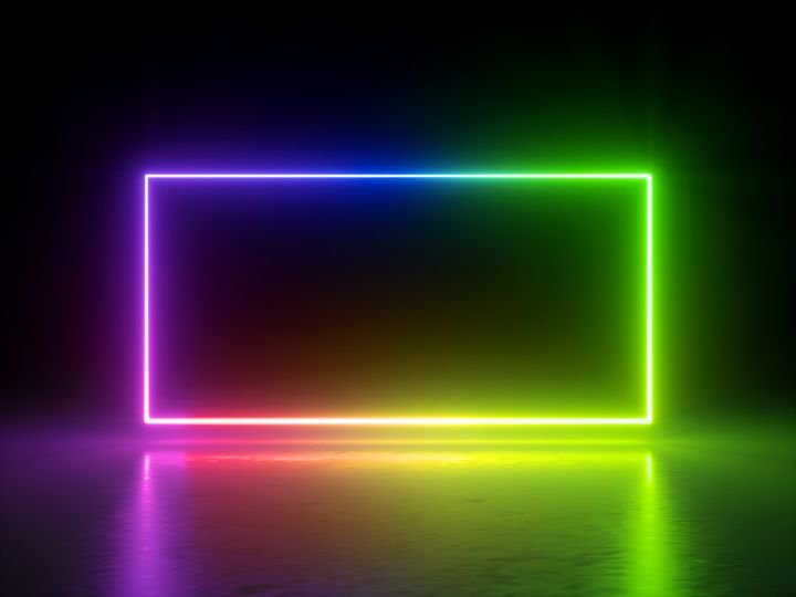 3d render, vibrant rainbow colors, laser show, glowing spectrum rectangle, blank frame, neon lights, abstract psychedelic background, ultraviolet, led screen