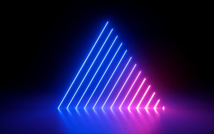 3d render, abstract minimal background, glowing lines, triangle shape, pink blue neon lights, ultraviolet spectrum, laser show