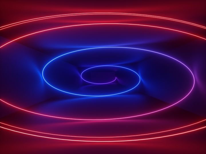 3d render, red blue neon helix, spiral, abstract fluorescent background, laser show, night club interior lights, glowing curvy lines, geometric shape